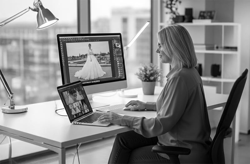 Die Bildbearbeiterin Adriana bei der professionellen Bildbearbeitung von Hochzeitsfotos am Computer in ihrem Studio in Kassel.