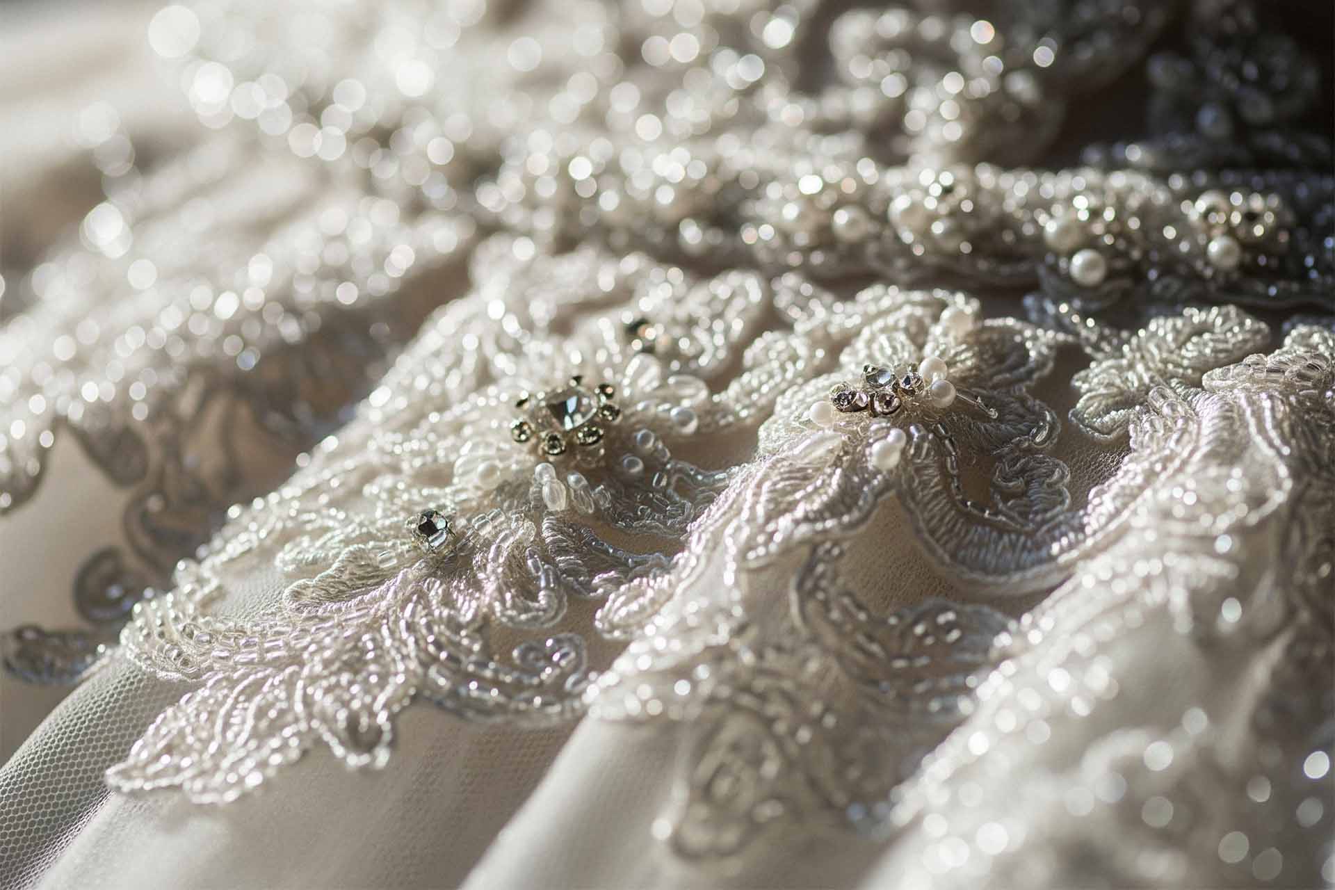 Eine Detailaufnahme der feinen Spitze und der Knöpfe auf dem Rücken eines Brautkleides.