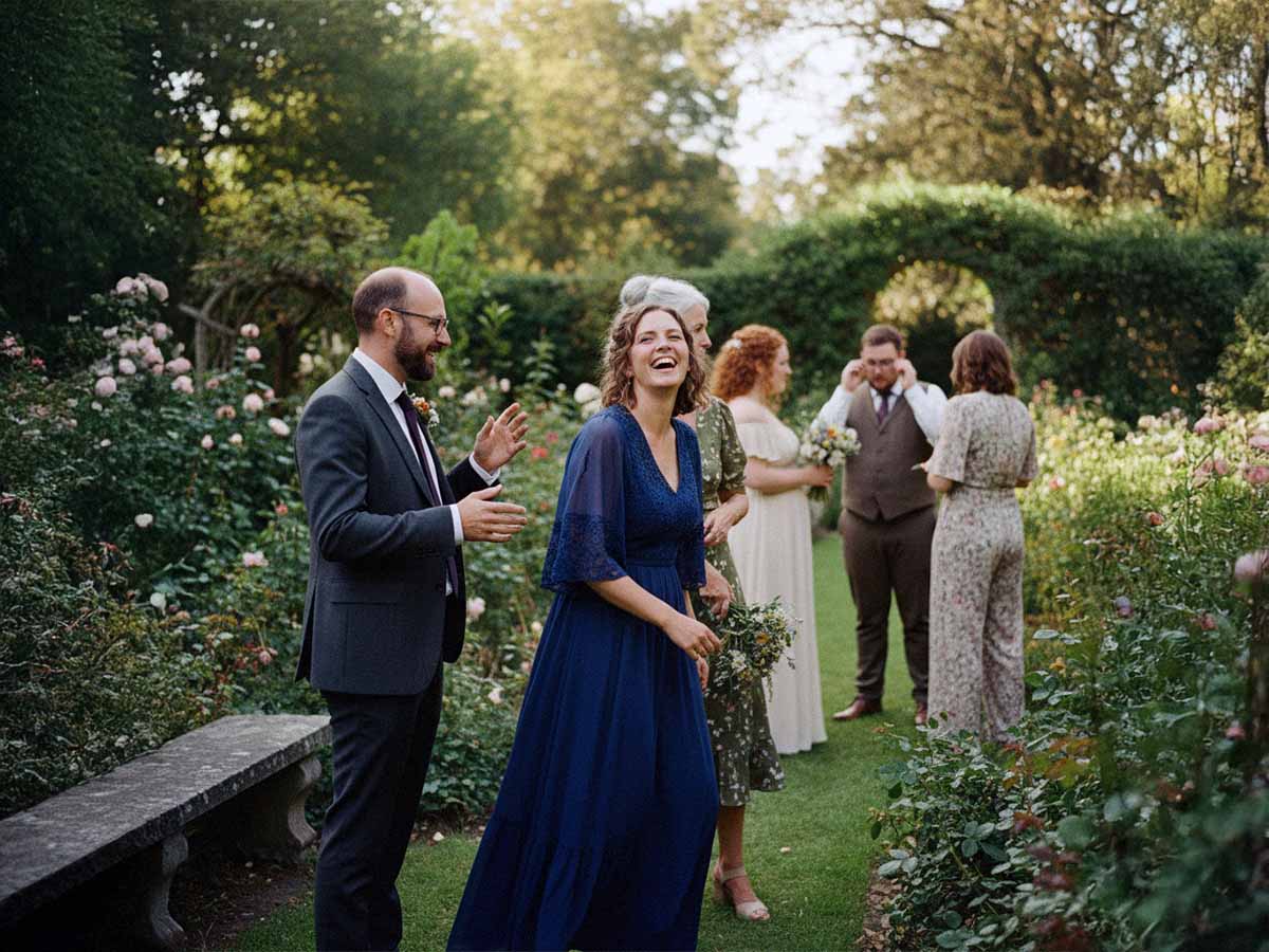 Ein großes Gruppenbild mit allen Gästen der Hochzeitsfeier, aufgenommen von Herzmoment Hochzeit in Kassel.