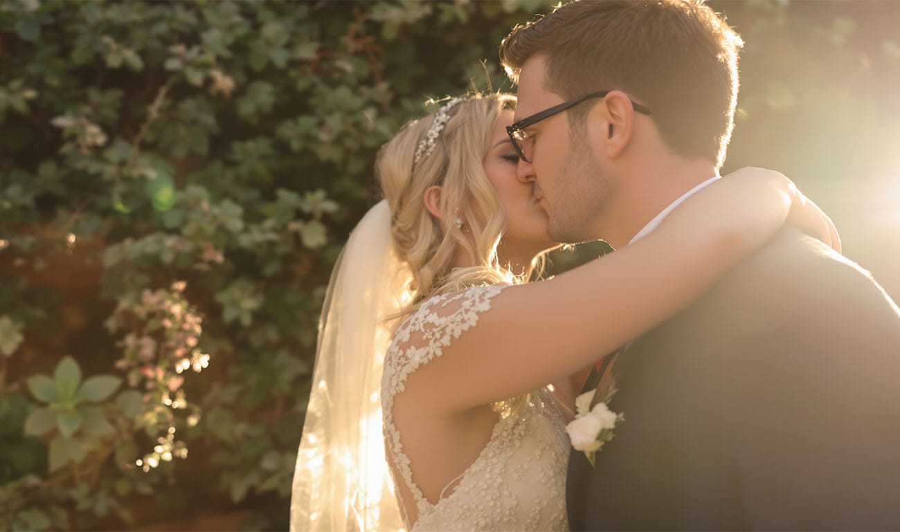 Braut und Bräutigam küssen sich im Sonnenuntergang – romantische Hochzeitsfotos Hessen