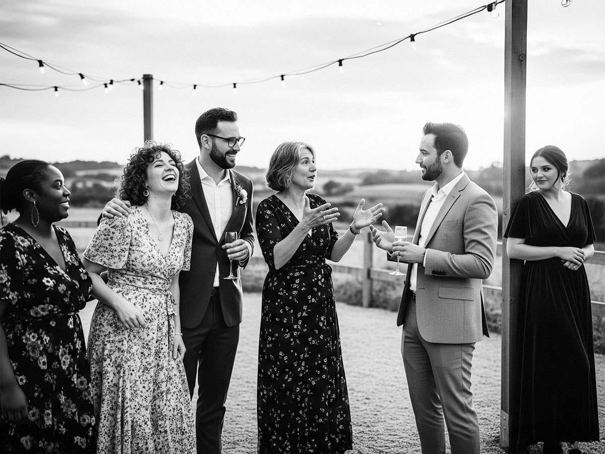 Ein schwarz-weiss Gruppenfoto des Bräutigams mit seinen Trauzeugen bei seiner Hochzeit in Kassel.