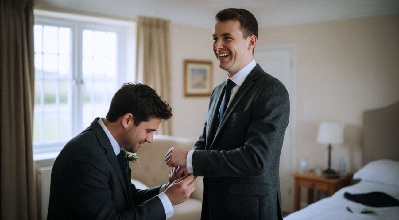Der Bräutigam richtet seine Fliege als letzten Schliff bei den Hochzeitsvorbereitungen in Kassel.