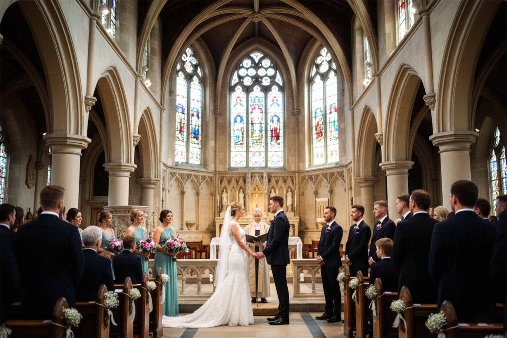 Eine glückliche Braut lächelt, während sie ihrem Bräutigam das Trauversprechen bei ihrer Hochzeit in Kassel gibt.