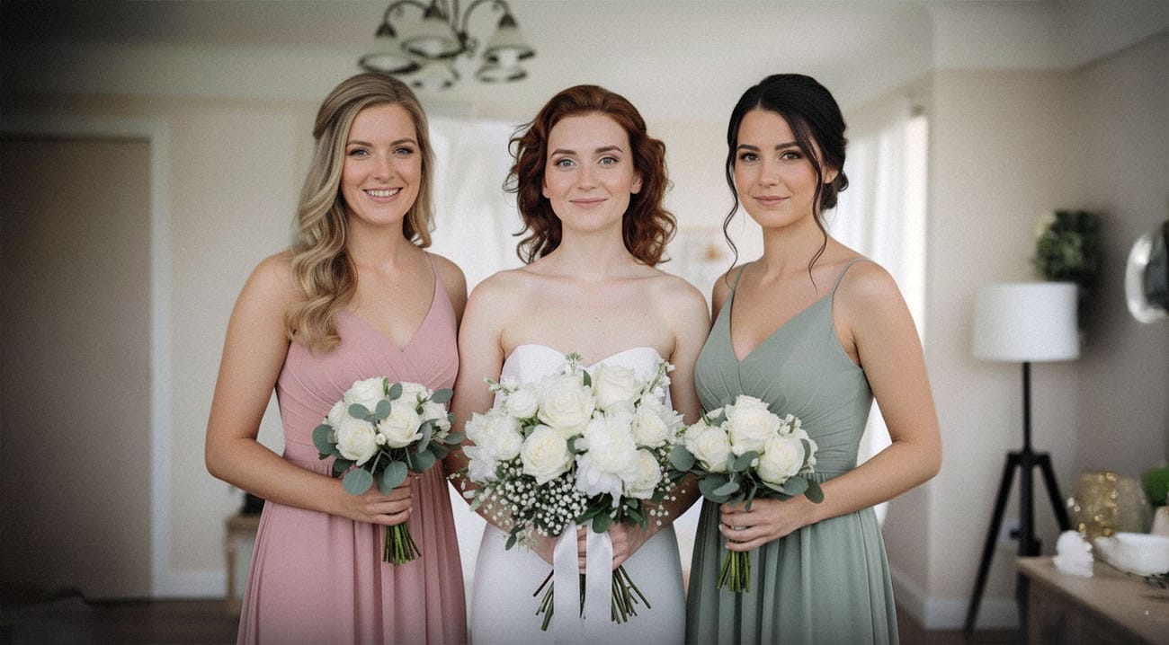 Die Braut posiert glücklich mit ihren Brautjungfern während der Getting-Ready-Phase ihrer Hochzeit in Kassel.