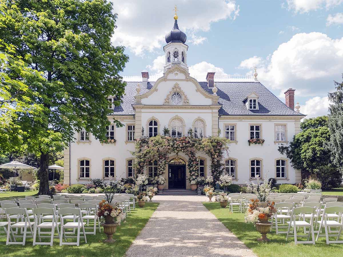 Das Brautpaar posiert für ein Gruppenfoto mit seinen Gästen auf der Treppe der eleganten Hochzeitslocation in Kassel.