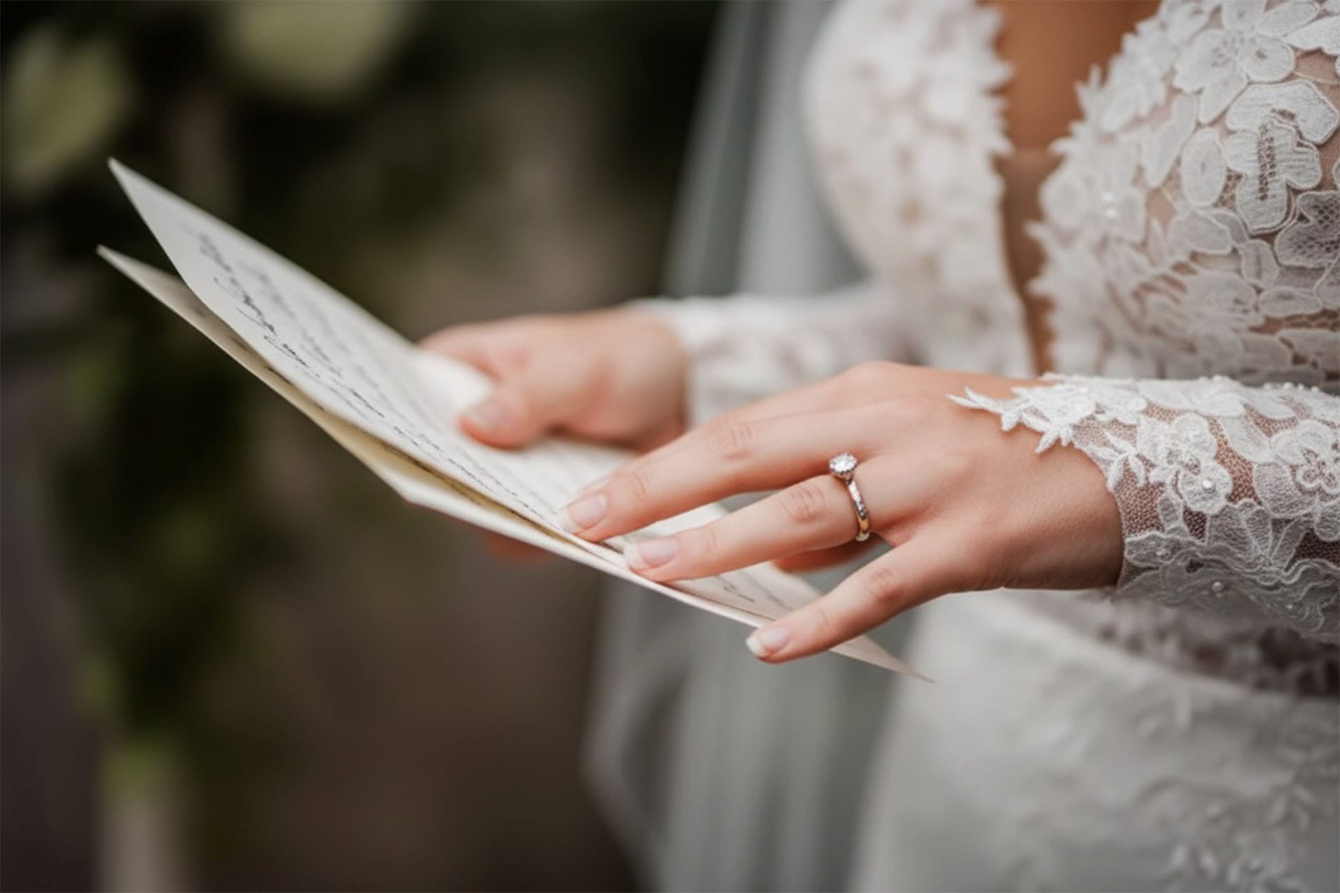 Das Brautpaar hält sich während der Hochzeitszeremonie in Kassel an den Händen und blickt sich an.