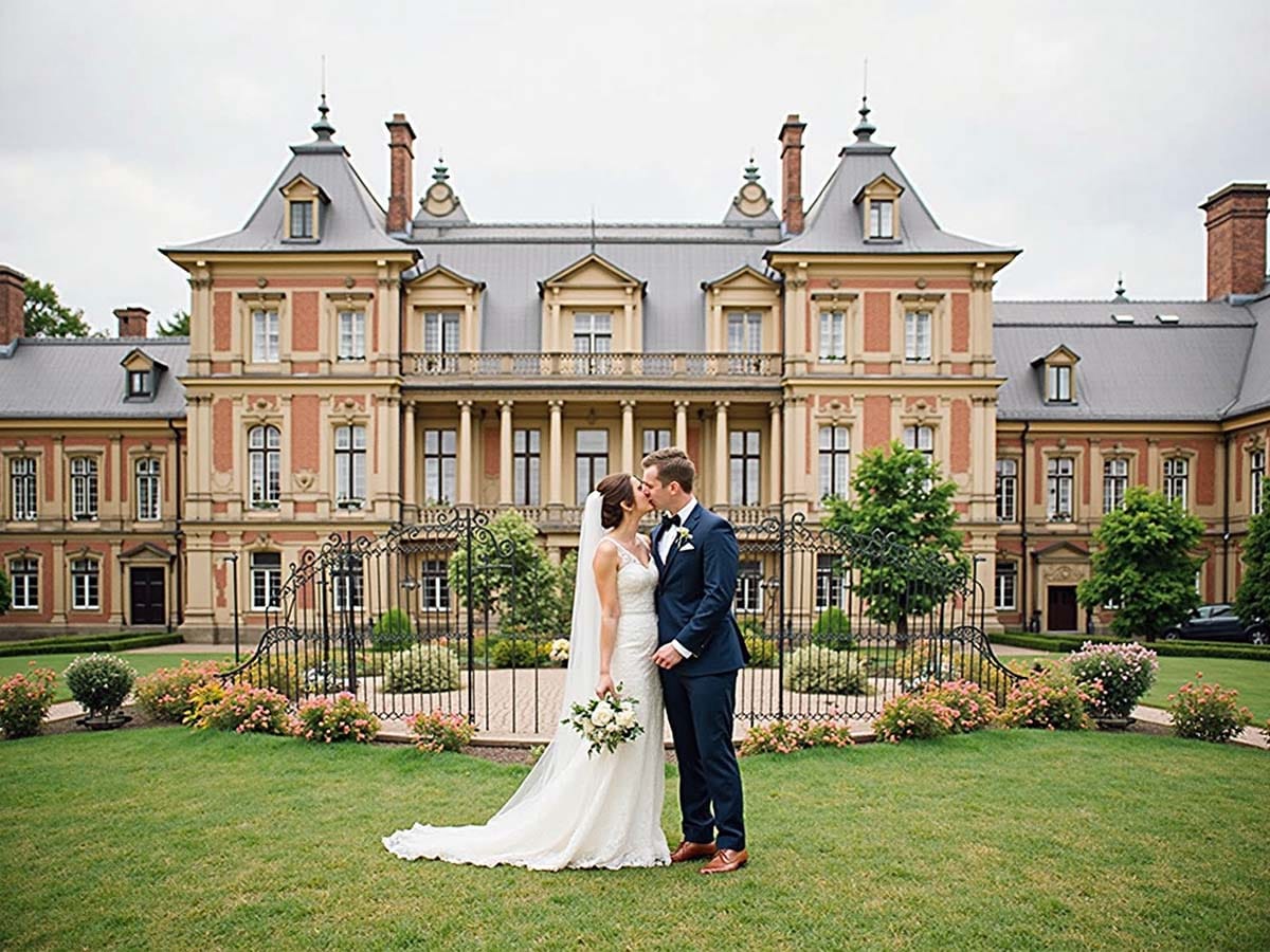 Das Brautpaar steht mitten im weitläufigen Schlosspark ihrer Hochzeitslocation in Kassel für ein romantisches Foto.