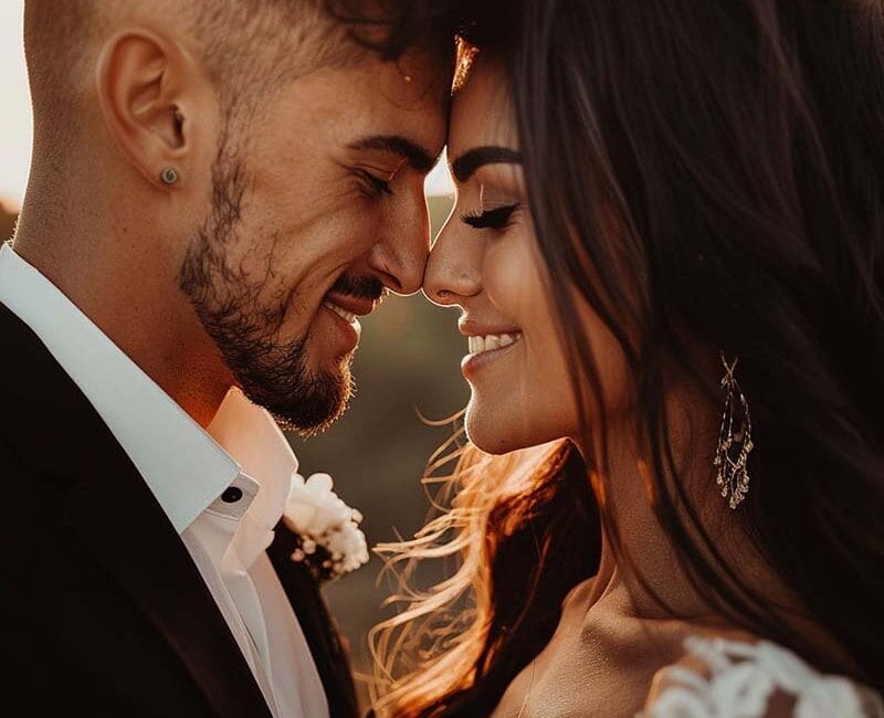 Ein sehr intimer Moment, in dem ein Brautpaar in Kassel die Stirn aneinanderlegt und die Augen schließt, kurz vor einem Kuss.