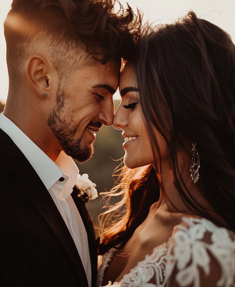 Ein sehr intimer Moment, in dem ein Brautpaar in Kassel die Stirn aneinanderlegt und die Augen schließt, kurz vor einem Kuss.