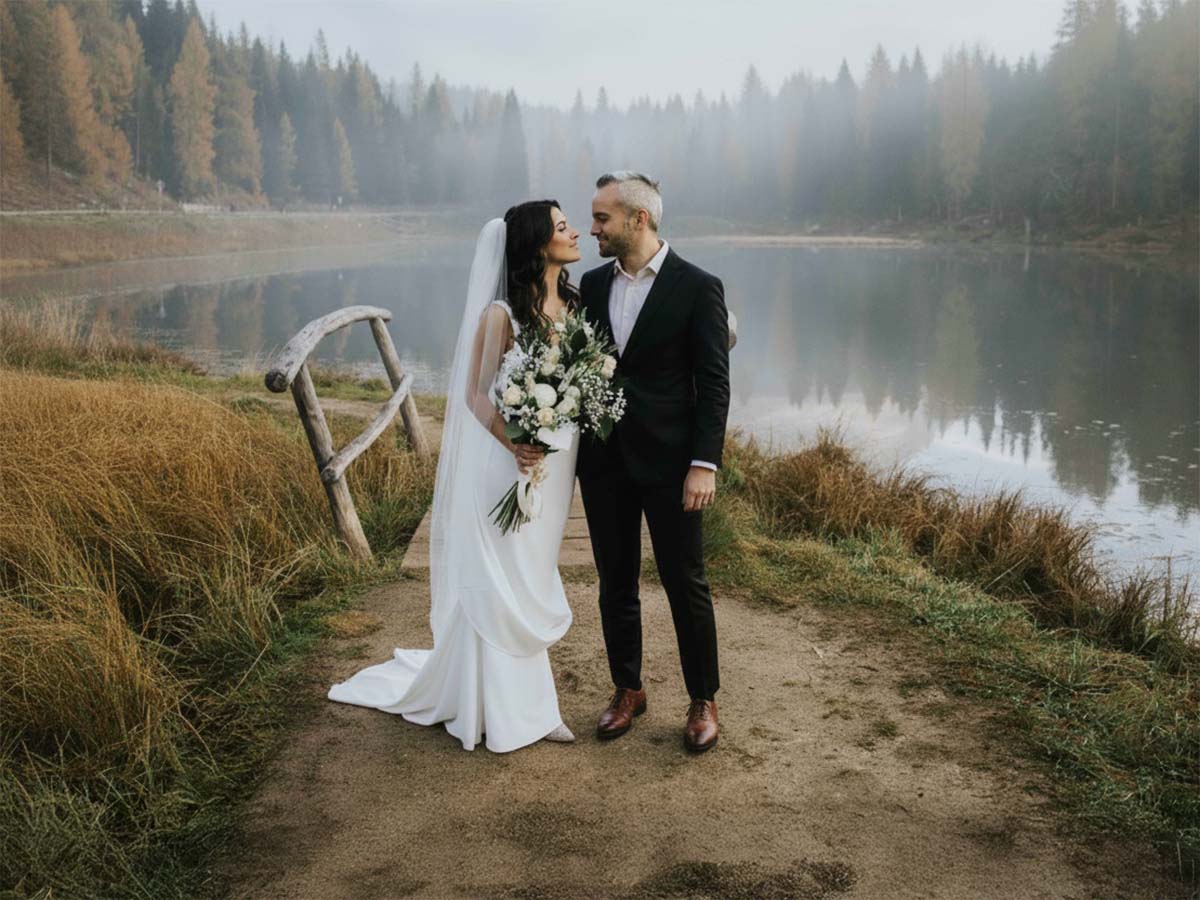 Ein Porträt des Brautpaares, das in einer natürlichen, grünen Landschaft in der Nähe von Kassel steht.
