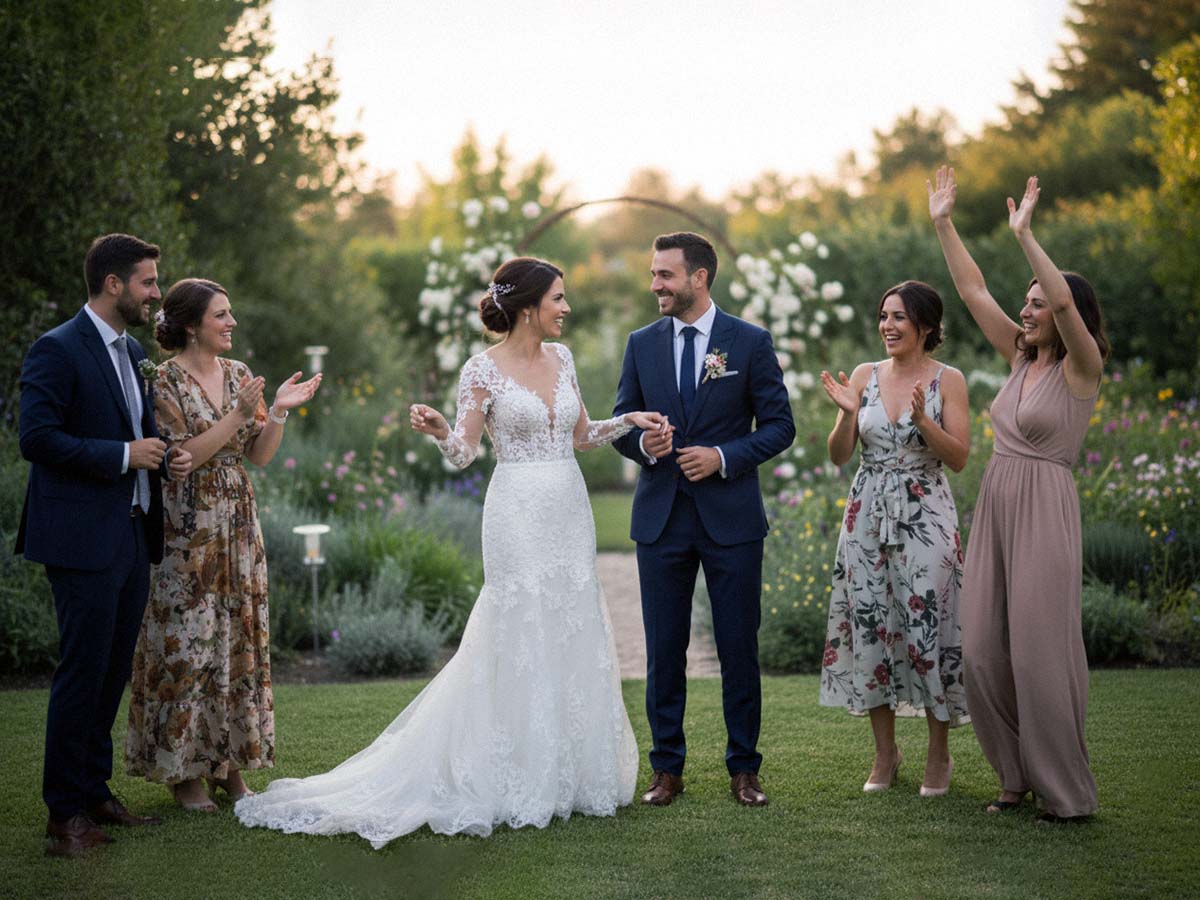 Das Brautpaar spaziert mit seinen Trauzeugen und Brautjungfern durch einen Park in Kassel.