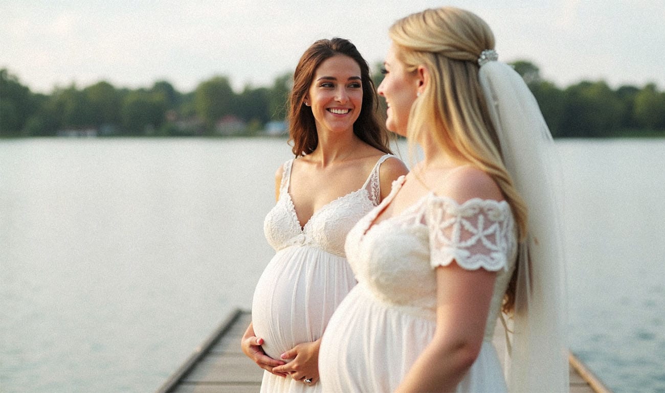 Zwei schwangere Bräute am See, natürliche Portraits mit Babybauch – Hochzeitsfotograf Kassel
