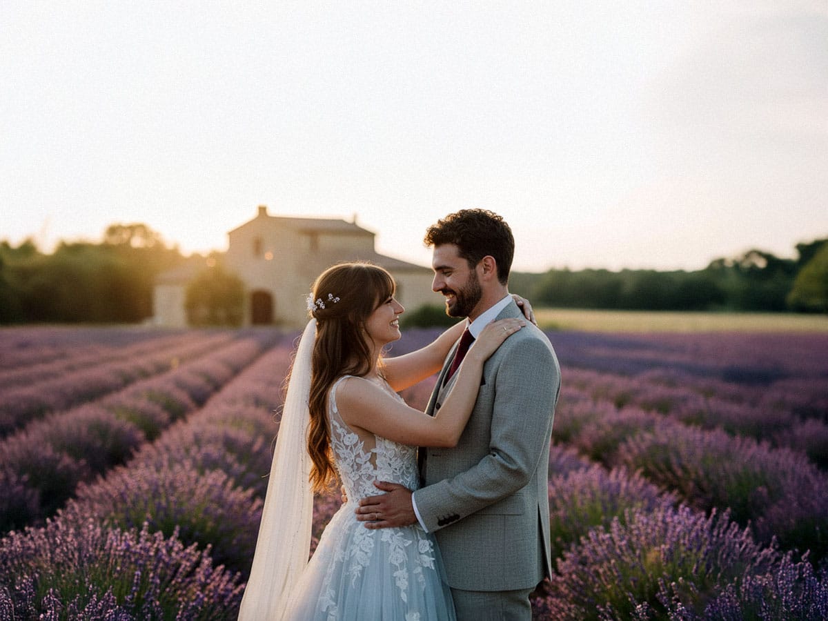 Ein Detailfoto des Hochzeitskleides, das vor der Trauung auf einem Stuhl in der Natur drapiert wurde.