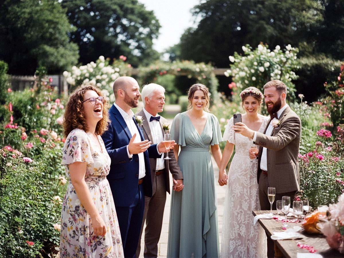 Ein fröhliches Familienfoto mit dem Brautpaar und ihren engsten Verwandten bei einer Hochzeit in Kassel.