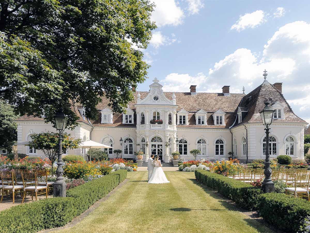 Eine weite Aussicht auf die historische Hochzeitslocation in Kassel, umgeben von einem grünen Park.