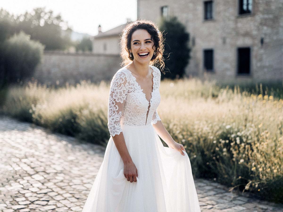 Ein Porträt einer glücklichen und lächelnden Braut, die an ihrem Hochzeitstag im Freien in Kassel posiert.