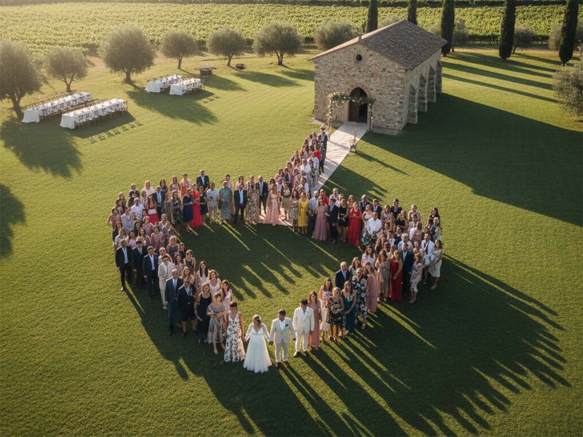 Eine Drohnenaufnahme oder ein Foto aus erhöhter Position zeigt alle Gäste, die für ein großes Gruppenfoto in Kassel zusammenkommen.