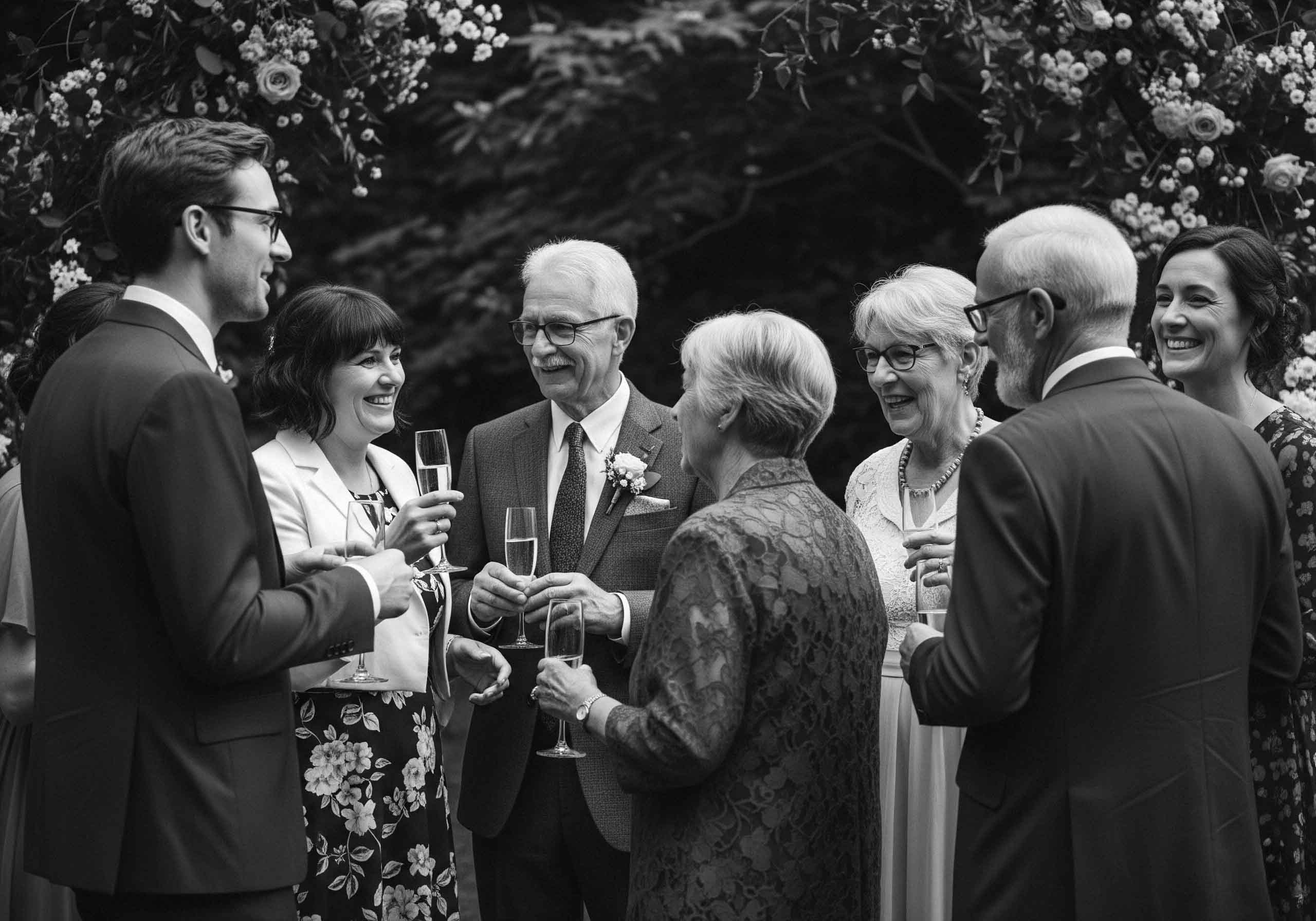 Eine Gruppe von Freunden feiert ausgelassen mit dem Brautpaar, festgehalten in einer schwarz-weiss Aufnahme in Kassel.