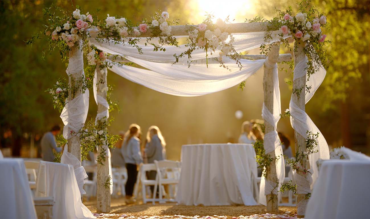 Romantische Trauung unter Hochzeitsbogen im Freien – Hochzeitsfotos Kassel