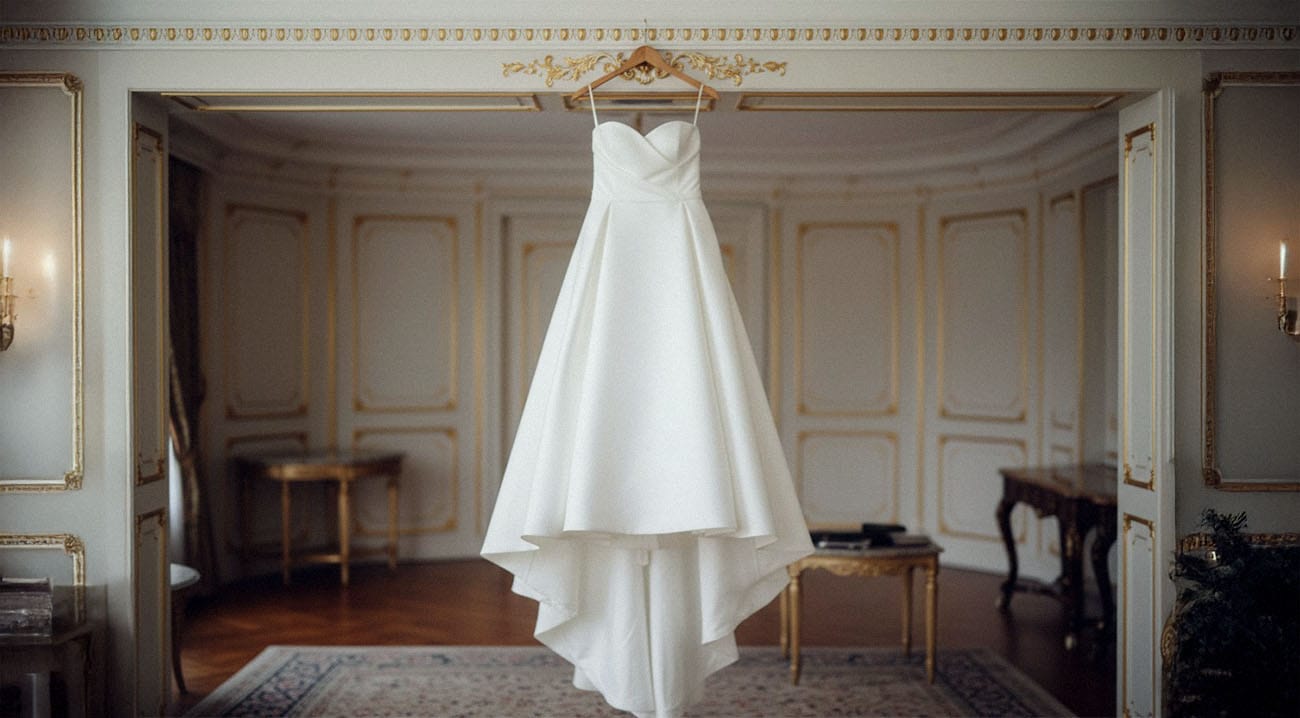 Das Hochzeitskleid der Braut hängt elegant an einem Fenster und wartet auf seinen großen Moment in Kassel.