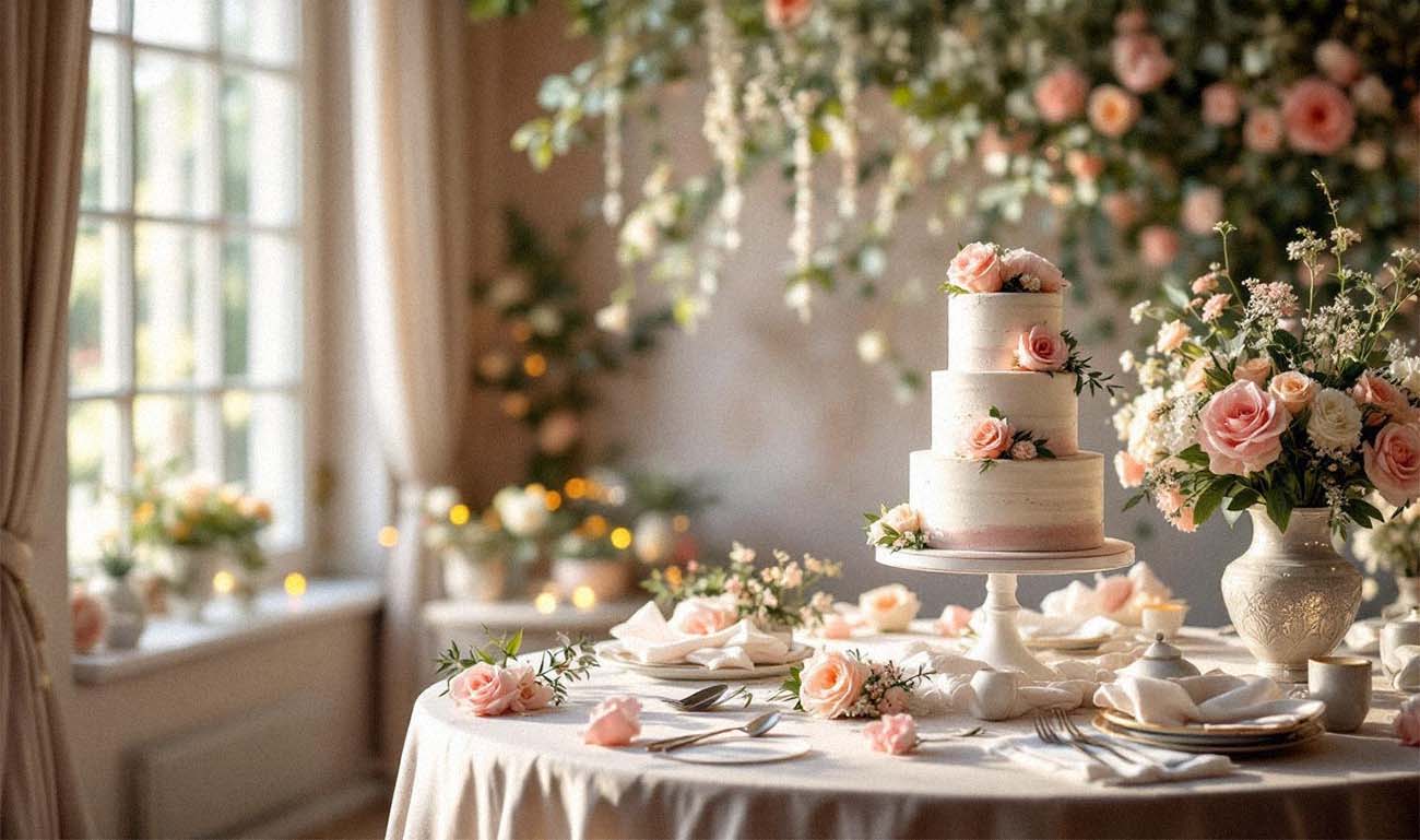 Festlich gedeckter Tisch mit Hochzeitstorte – Detailaufnahme Hochzeitsfotografie