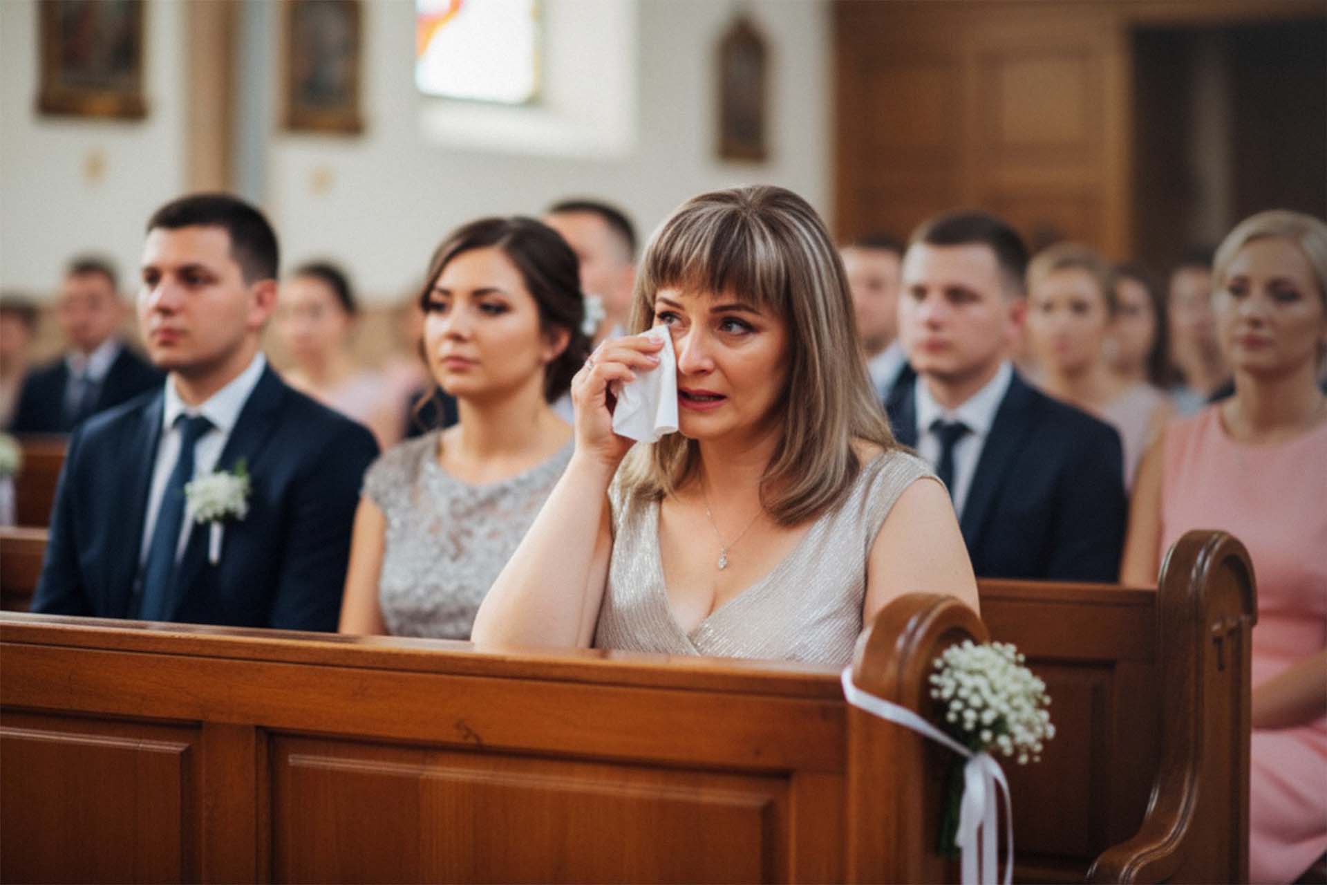 Die gerührte Mutter der Braut blickt ihrer Tochter während der Hochzeitszeremonie in Kassel liebevoll zu.