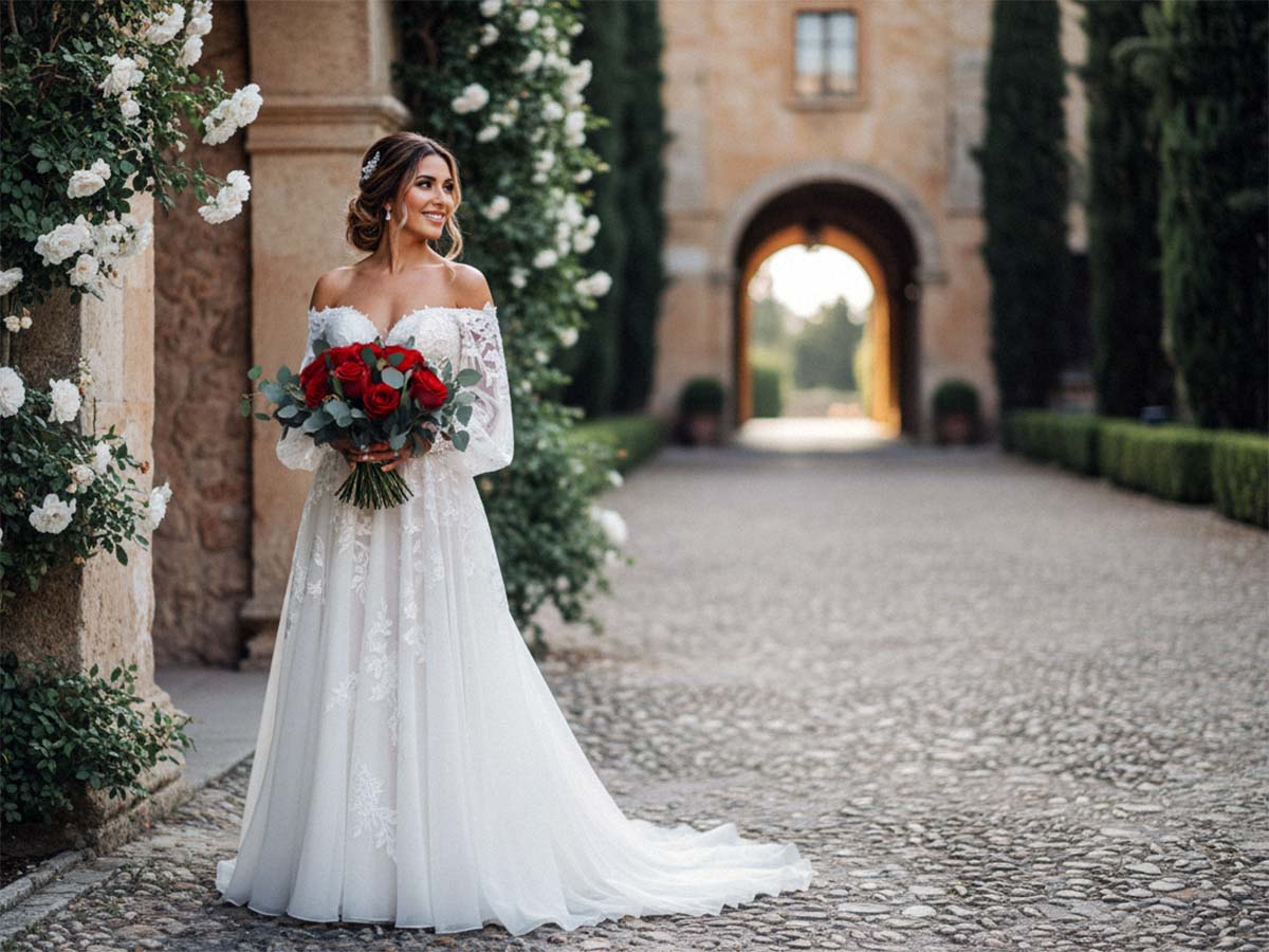 Die Braut posiert in ihrem ganzen Hochzeitskleid auf einer steinernen Treppe bei ihrer Hochzeit in Kassel.