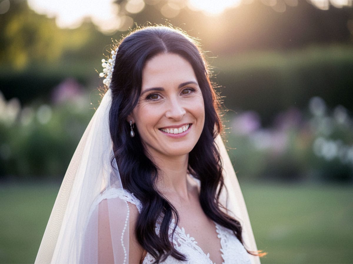 Eine wunderschöne Braut in Kassel lächelt in die Kamera, mit einem sanften Fokus auf ihren eleganten Brautschleier.