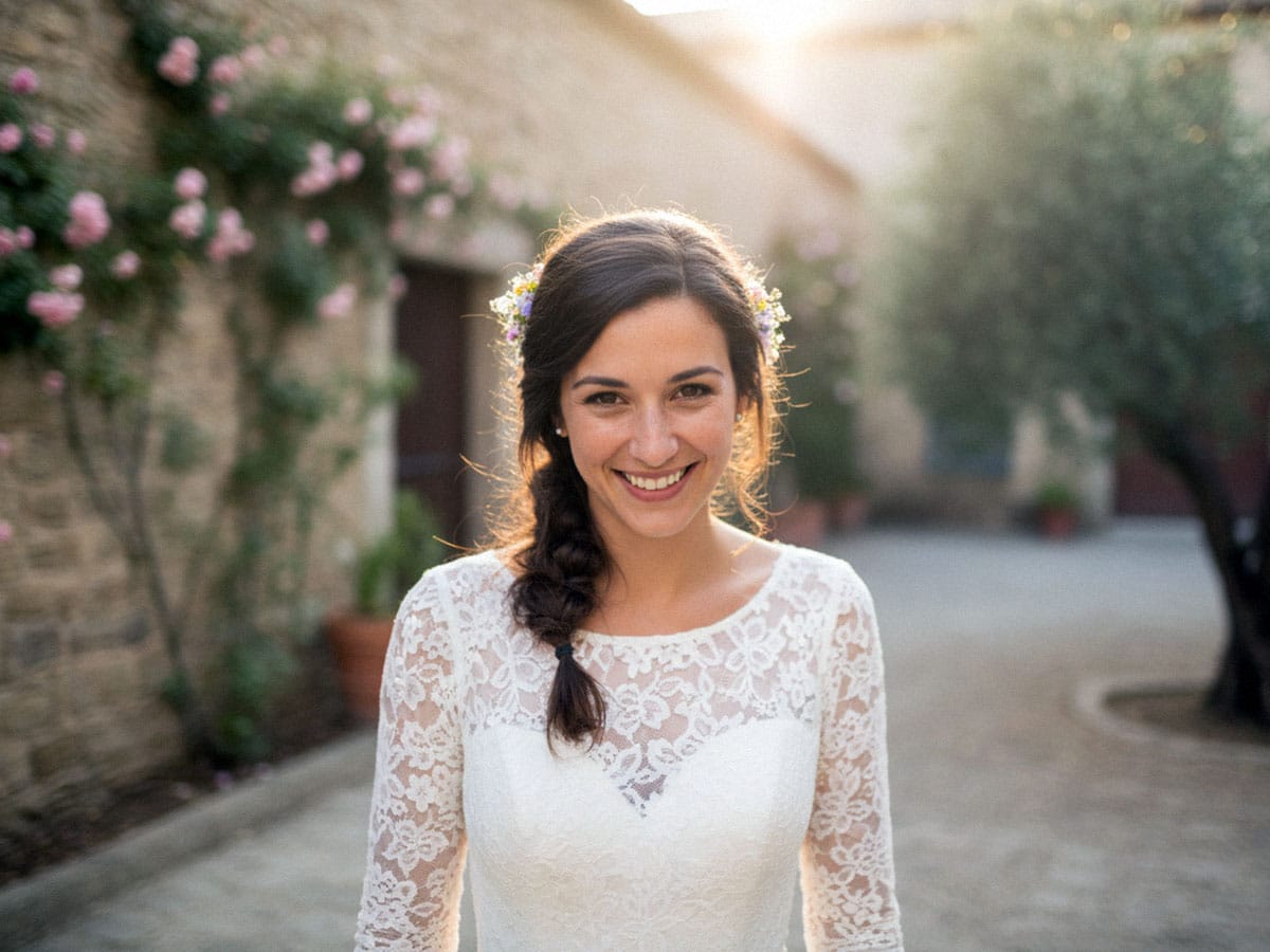 Eine sitzende Braut in ihrem Hochzeitskleid während der Vorbereitungsphase, fotografiert von Herzmoment Hochzeit in Kassel.
