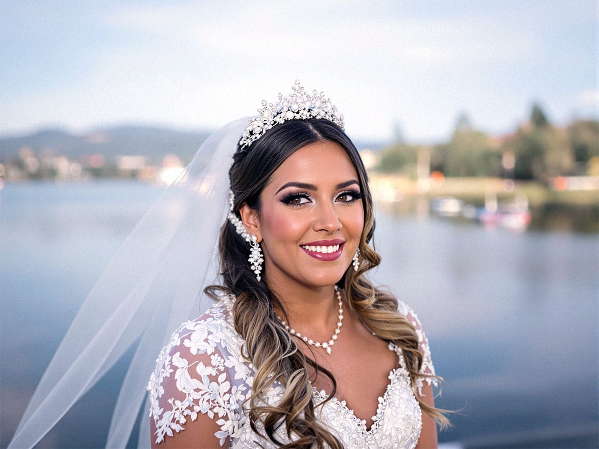 Eine Nahaufnahme einer strahlenden Braut mit Diadem, die an ihrem Hochzeitstag in Kassel vor einem Gewässer porträtiert wird.