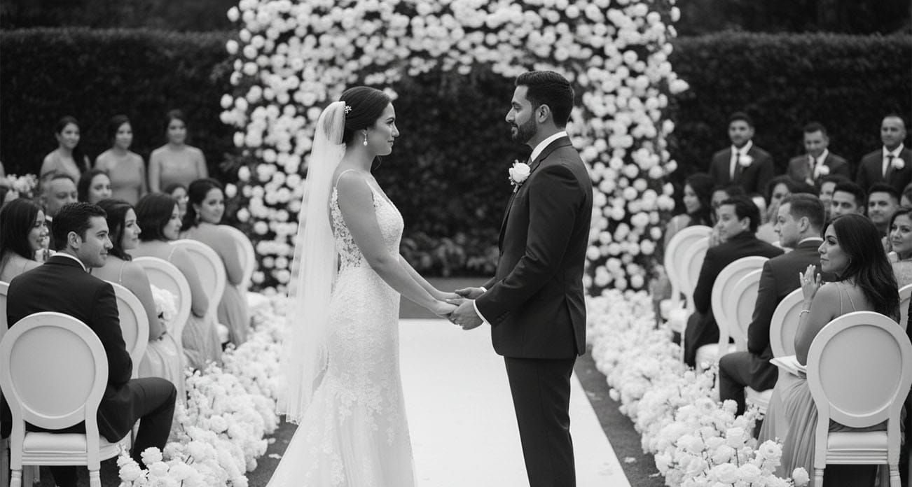 Ein glückliches Brautpaar lacht herzlich in die Kamera bei einem Porträtshooting in Kassel, fotografiert in schwarz-weiss.