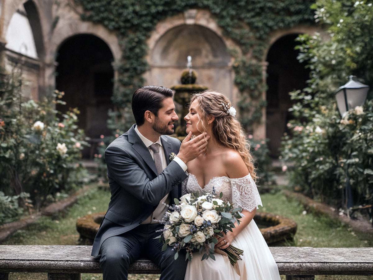 Ein romantisches Porträt des Brautpaares, das sich in einem alten Steinbogen bei ihrer Hochzeit in Kassel umarmt.