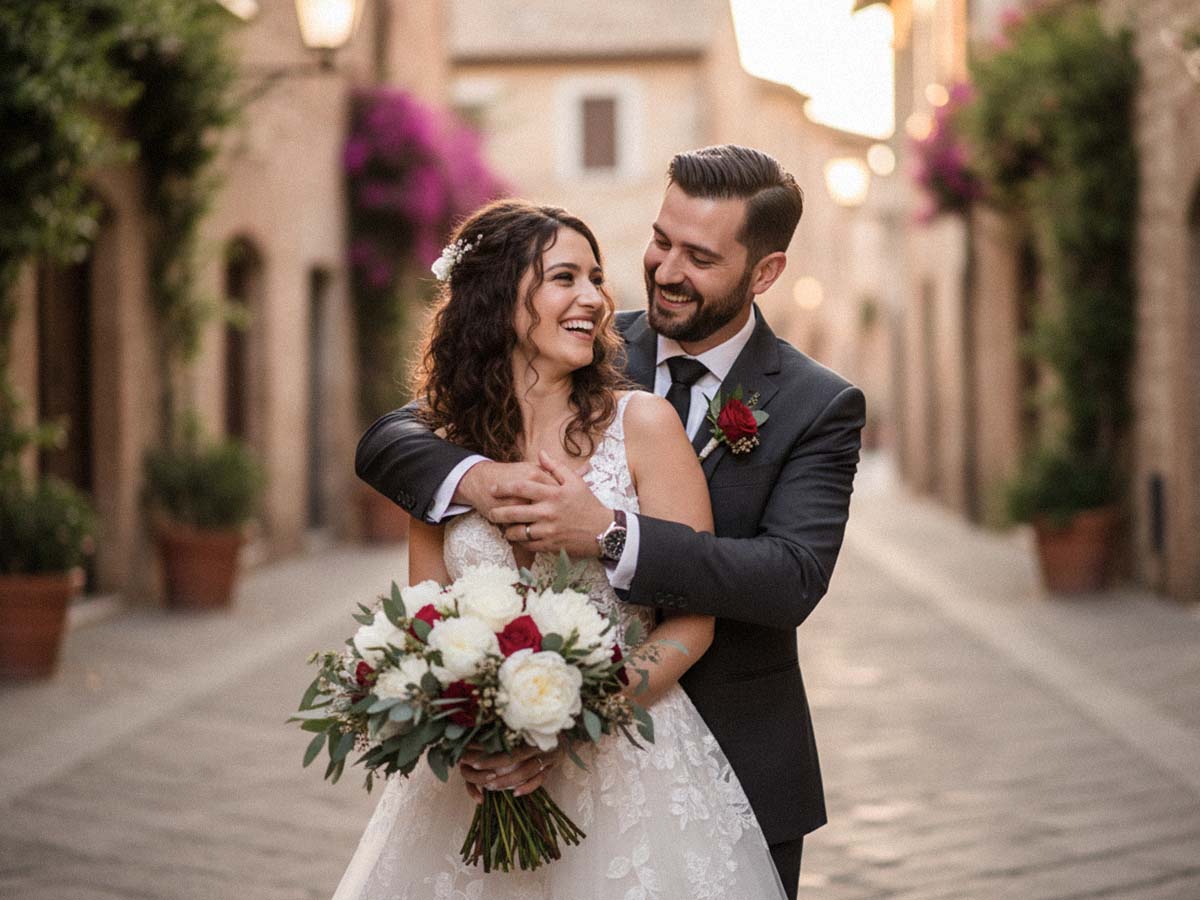 Eine Nahaufnahme eines intimen Moments, in dem sich das Brautpaar in Kassel liebevoll ansieht und umarmt.