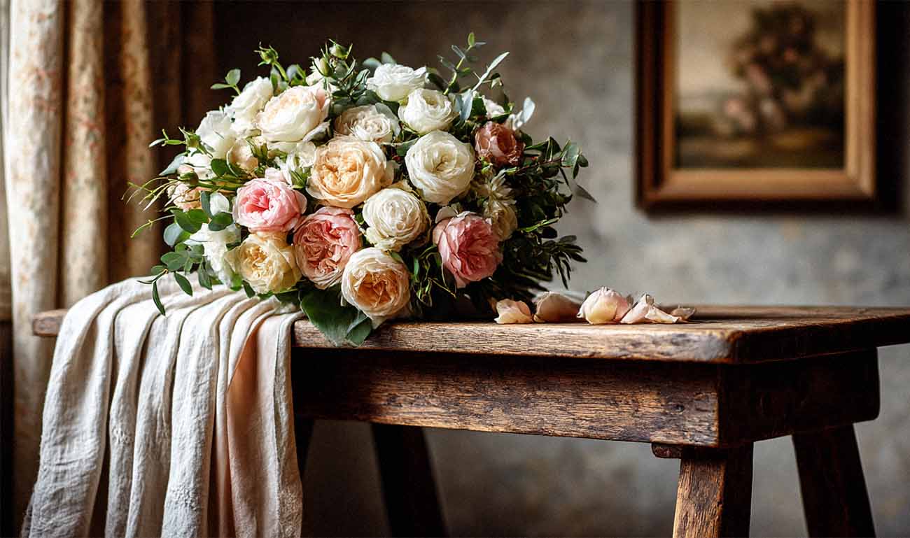 Brautstrauß mit Rosen auf Holztisch – Hochzeitsfotograf Kassel Detailaufnahme