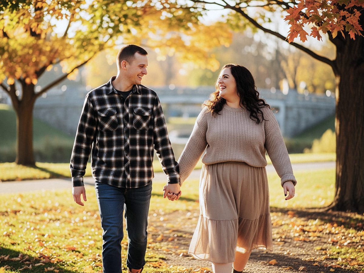 Das Brautpaar bei einem romantischen Spaziergang in der Natur, fotografiert von hinten an ihrem Hochzeitstag in Kassel.