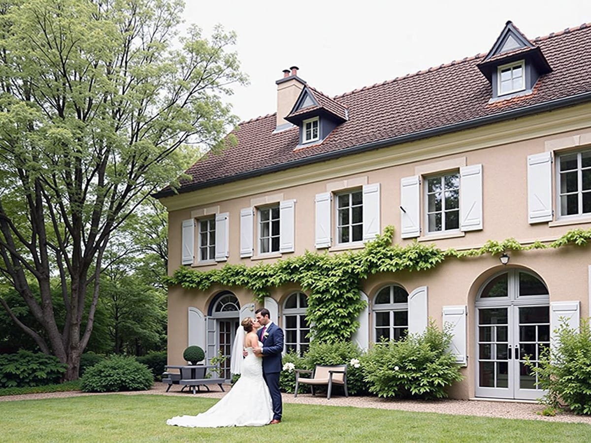 Das Brautpaar posiert glücklich für ein Foto vor dem Eingang ihrer herrschaftlichen Hochzeitslocation in Kassel.