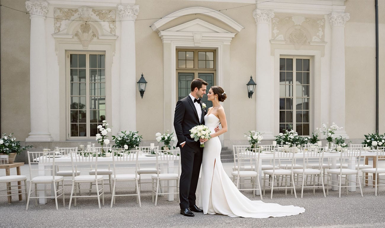 Brautpaar vor eleganter Villa – stilvolle Hochzeitsfotografie Kassel