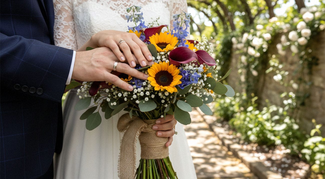 Ein farbenfroher Brautstrauß mit Sonnenblumen, perfekt für eine Sommerhochzeit in Kassel.