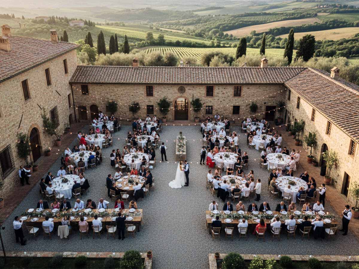 Ein großes Gruppenfoto der gesamten Hochzeitsgesellschaft aus der Vogelperspektive, aufgenommen in Kassel.
