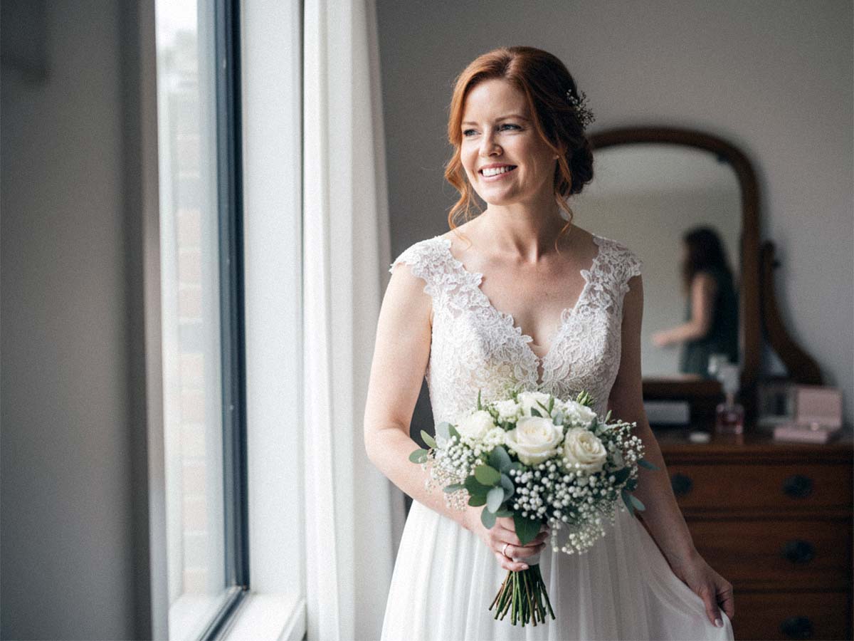 Ein nachdenkliches Porträt einer wunderschönen Braut, die an ihrem Hochzeitstag in Kassel in einem Moment der Ruhe inne hält.