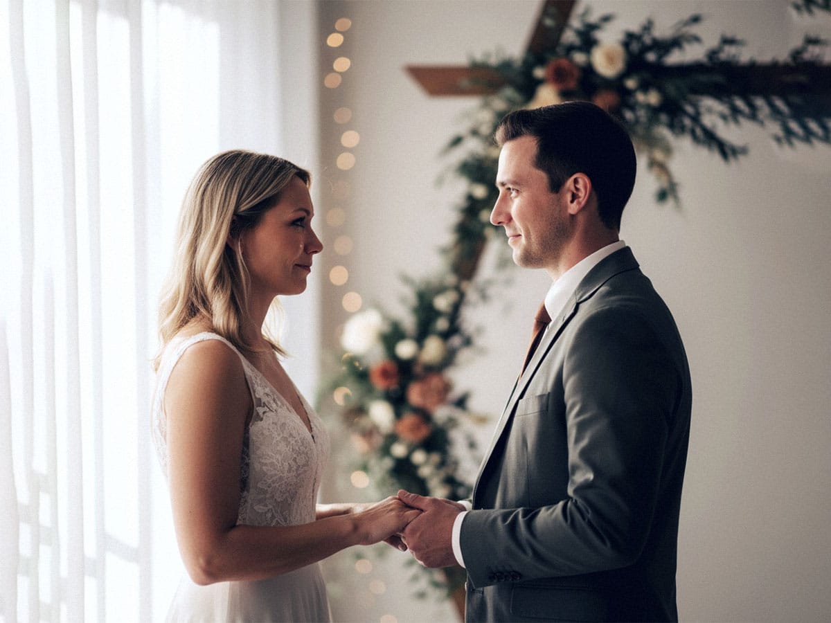 Eine Nahaufnahme einer strahlenden Braut, die an ihrem Hochzeitstag in Kassel in die Kamera blickt.