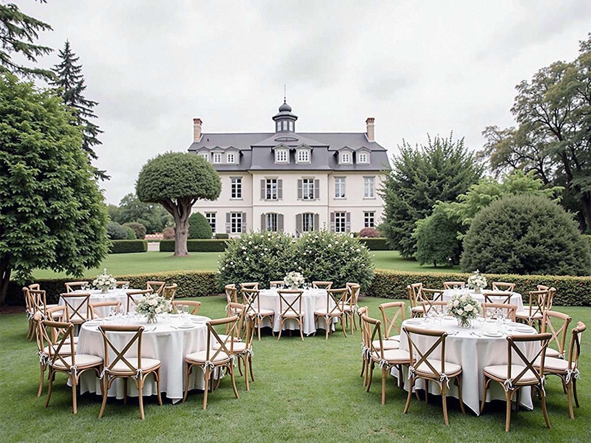 Die Hochzeitsgäste sitzen aufgereiht bei einer Freiluft-Trauung vor der beeindruckenden Kulisse einer Kasseler Hochzeitslocation.
