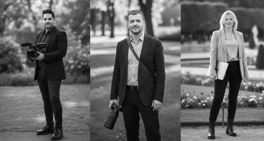 Porträt des Fotografen Radu, der während seiner Hochzeit in Kassel in die Kamera lächelt.